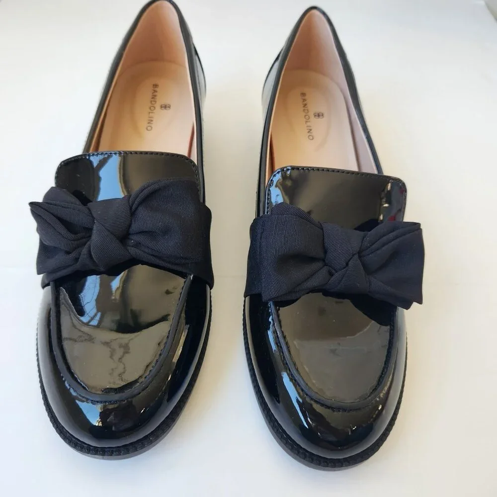 Bandolino Lindio Black Patent Loafers Bows Coquette Feminine Tailored Office - Picture 2 of 12